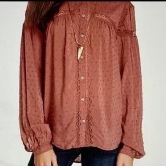 Free People Every Day Every Girl Swiss Dot Long Sleeve Top Button Down Blouse - Picture 3 of 12